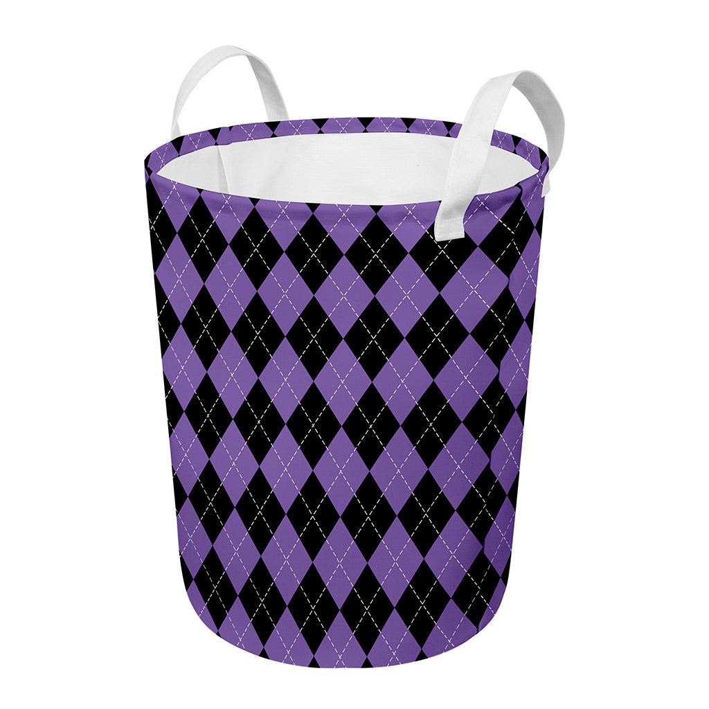 Black And Purple Argyle Pattern Print Round Laundry Basket