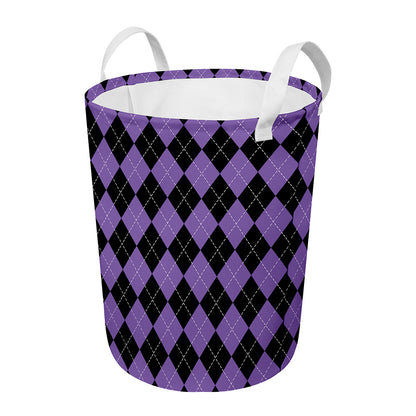 Black And Purple Argyle Pattern Print Round Laundry Basket