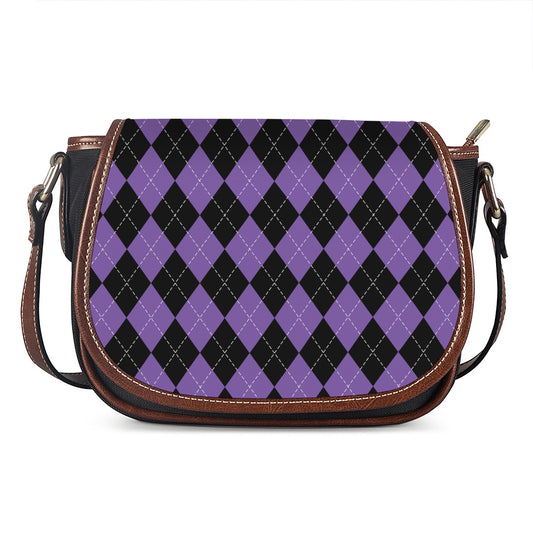 Black And Purple Argyle Pattern Print Saddle Bag