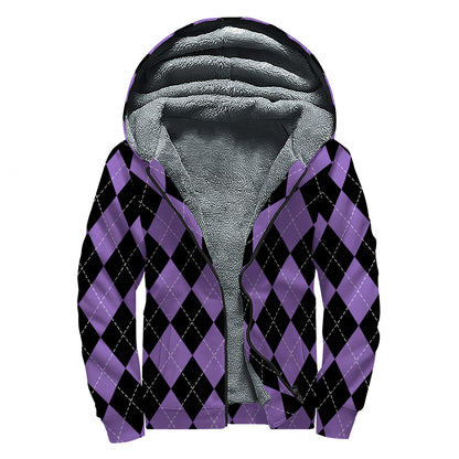 Black And Purple Argyle Pattern Print Sherpa Lined Zip Up Hoodie