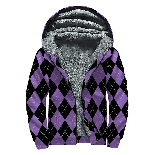 Black And Purple Argyle Pattern Print Sherpa Lined Zip Up Hoodie