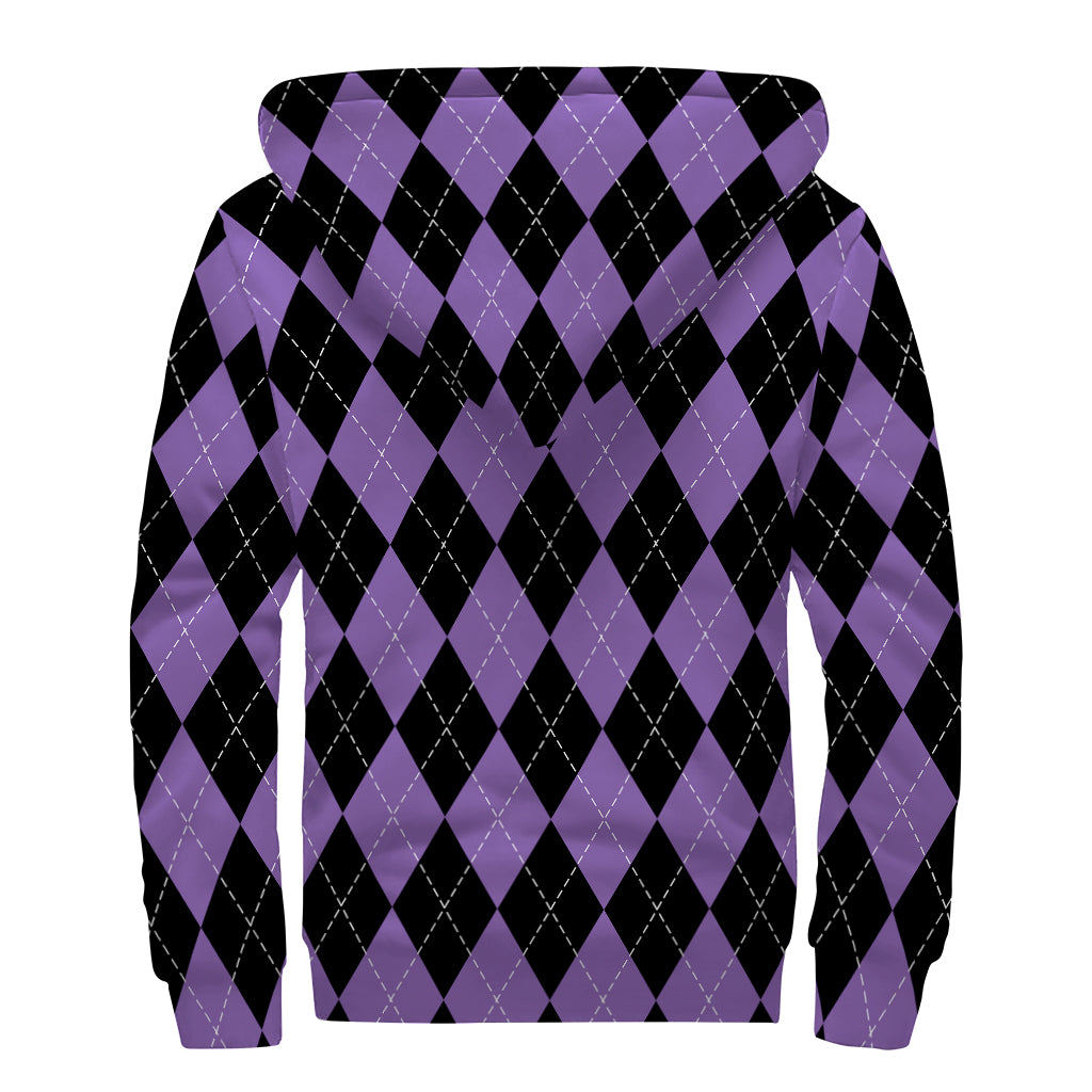 Black And Purple Argyle Pattern Print Sherpa Lined Zip Up Hoodie
