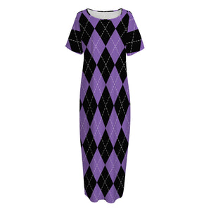 Black And Purple Argyle Pattern Print Short Sleeve Long Nightdress