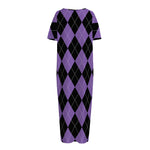 Black And Purple Argyle Pattern Print Short Sleeve Long Nightdress