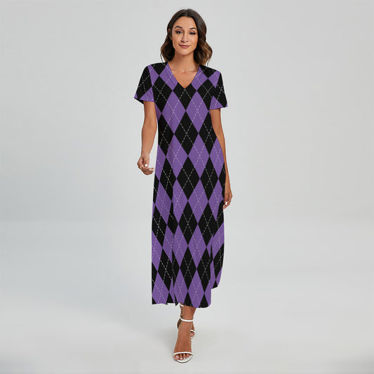 Black And Purple Argyle Pattern Print Short Sleeve Maxi Dress