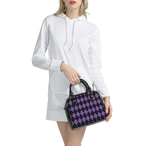 Black And Purple Argyle Pattern Print Shoulder Handbag
