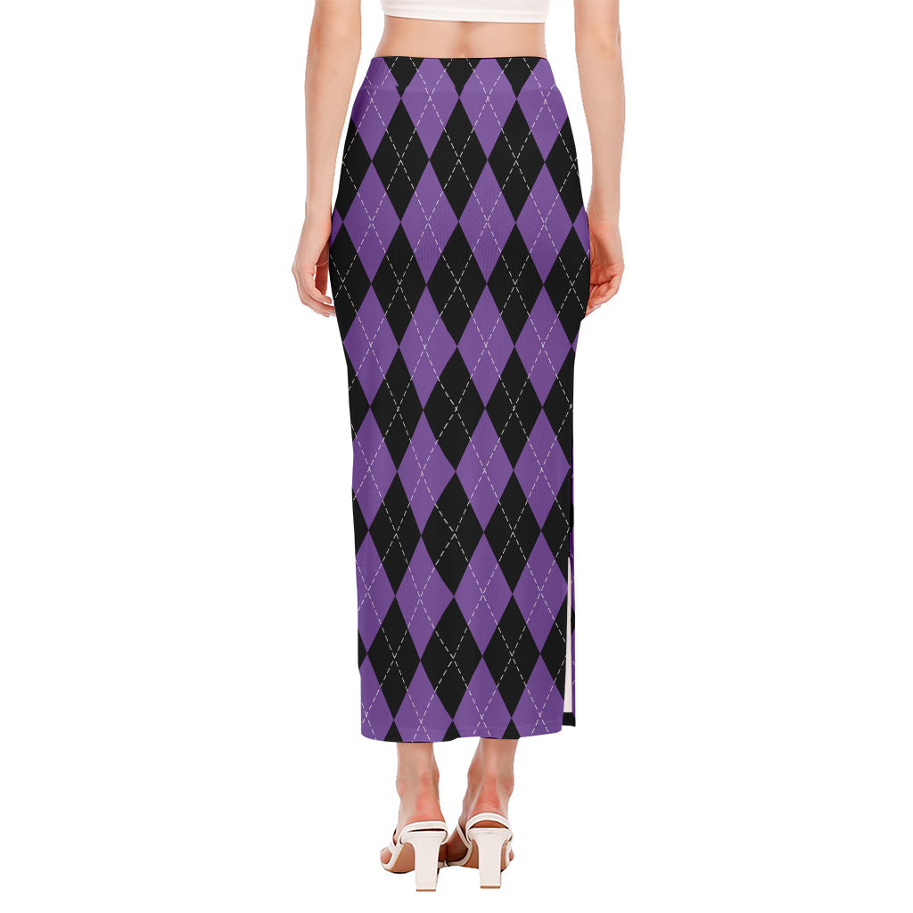 Black And Purple Argyle Pattern Print Side Slit Maxi Skirt