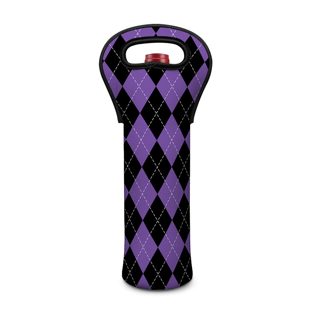 Black And Purple Argyle Pattern Print Single Neoprene Wine Tote
