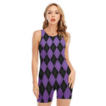 Black And Purple Argyle Pattern Print Sleeveless One Piece Swimsuit