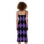 Black And Purple Argyle Pattern Print Slim Fit Midi Cami Dress