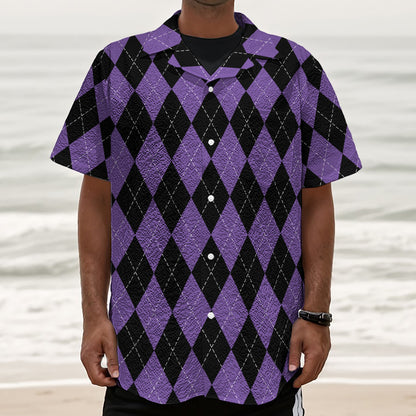 Black And Purple Argyle Pattern Print Textured Short Sleeve Shirt