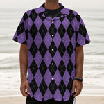 Black And Purple Argyle Pattern Print Textured Short Sleeve Shirt