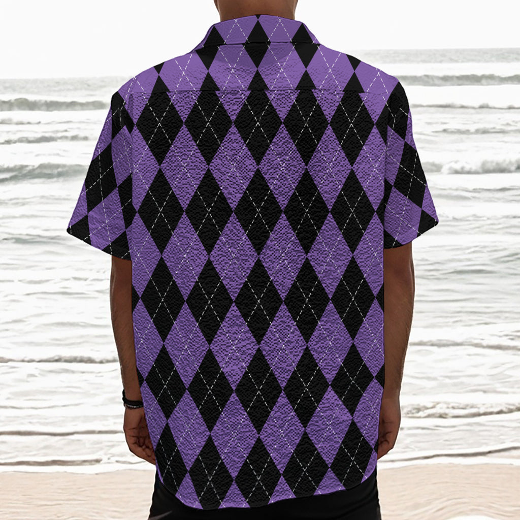 Black And Purple Argyle Pattern Print Textured Short Sleeve Shirt