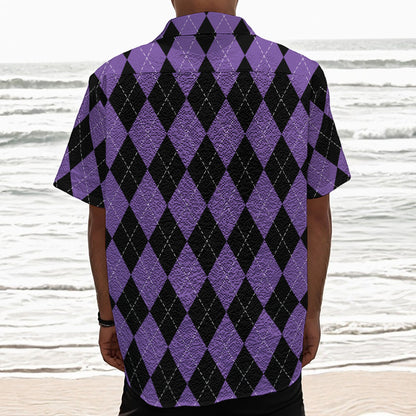 Black And Purple Argyle Pattern Print Textured Short Sleeve Shirt