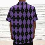 Black And Purple Argyle Pattern Print Textured Short Sleeve Shirt