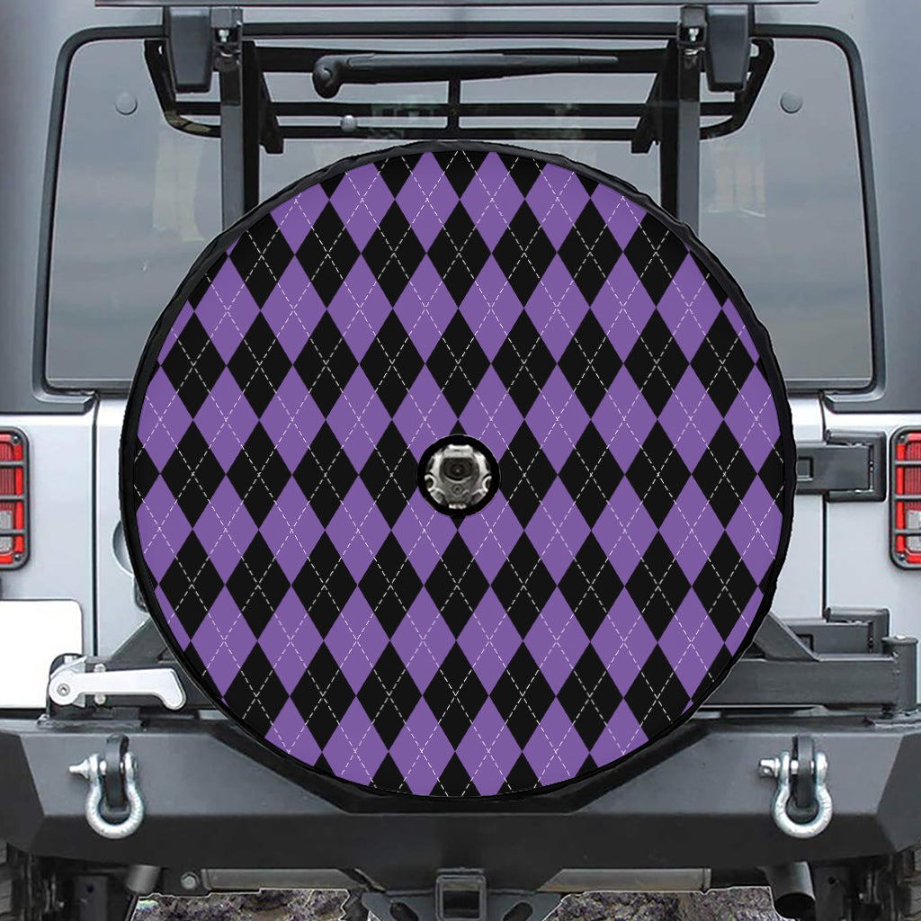 Black And Purple Argyle Pattern Print Tire Cover With Camera Hole