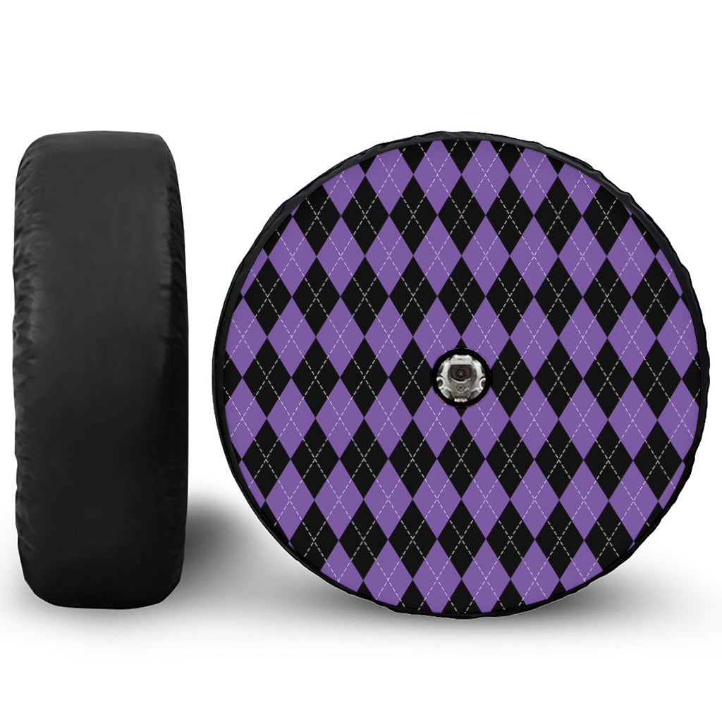 Black And Purple Argyle Pattern Print Tire Cover With Camera Hole