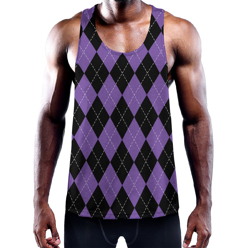 Black And Purple Argyle Pattern Print Training Tank Top