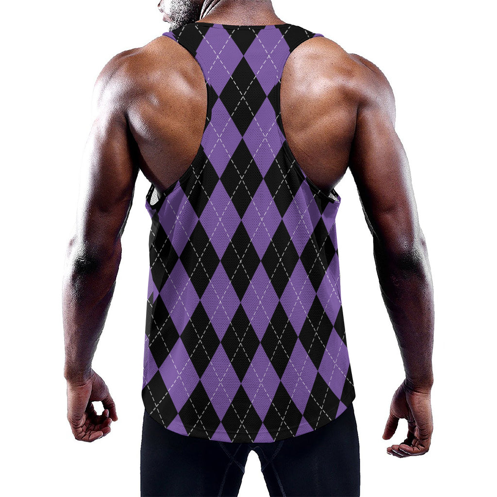 Black And Purple Argyle Pattern Print Training Tank Top