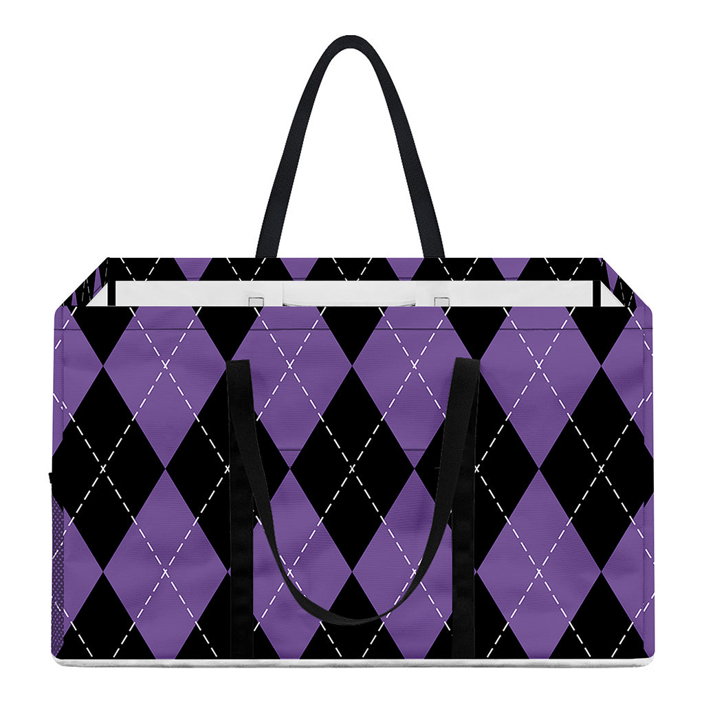 Black And Purple Argyle Pattern Print Utility Tote Bag