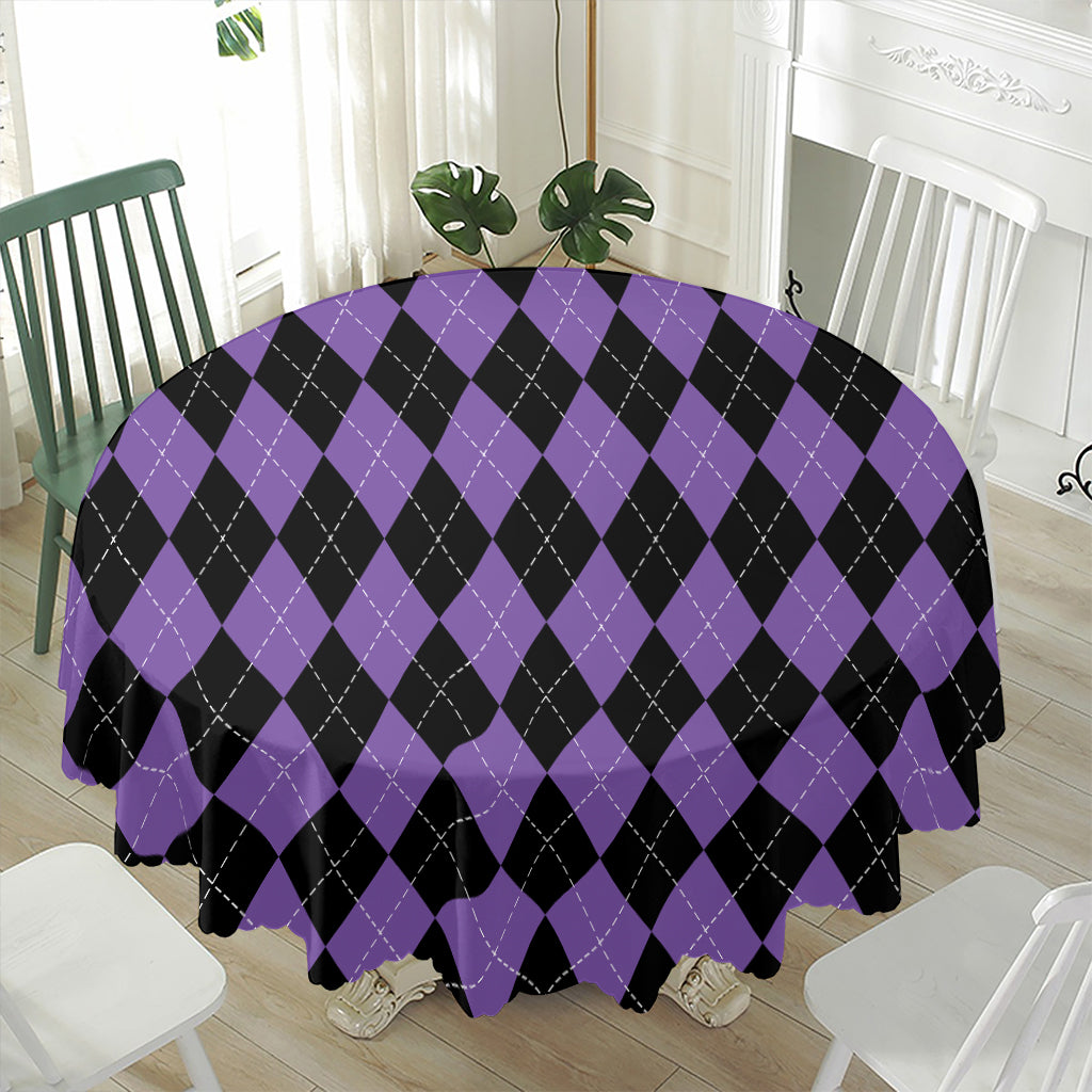 Black And Purple Argyle Pattern Print Waterproof Round Tablecloth