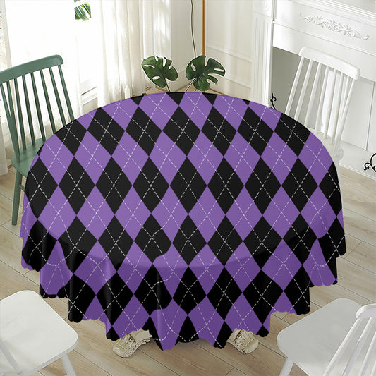 Black And Purple Argyle Pattern Print Waterproof Round Tablecloth