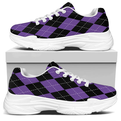 Black And Purple Argyle Pattern Print White Chunky Shoes