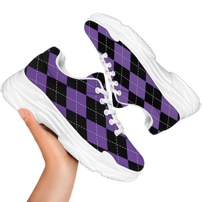 Black And Purple Argyle Pattern Print White Chunky Shoes