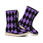 Black And Purple Argyle Pattern Print Winter Boots