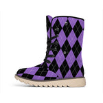 Black And Purple Argyle Pattern Print Winter Boots