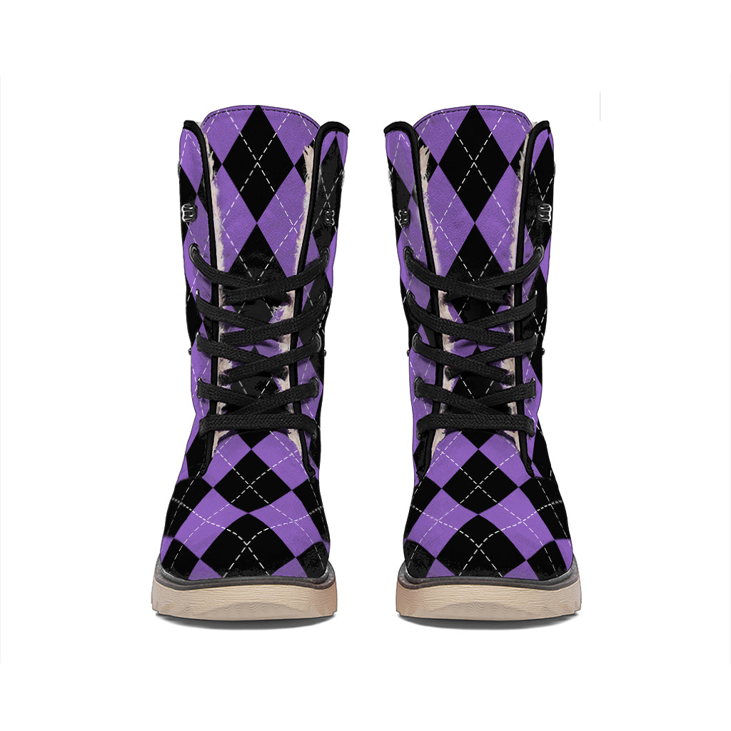 Black And Purple Argyle Pattern Print Winter Boots