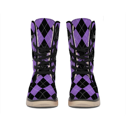 Black And Purple Argyle Pattern Print Winter Boots