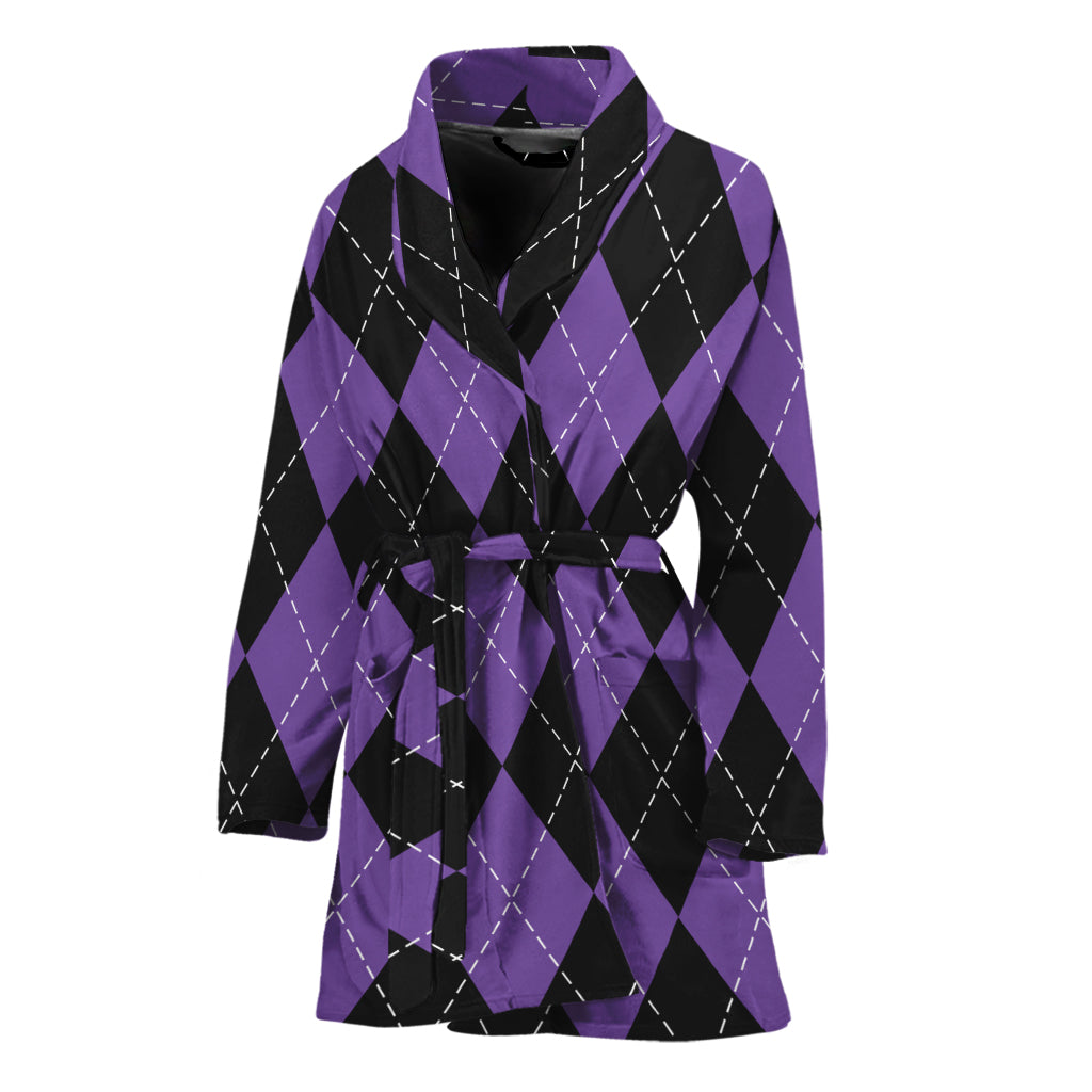 Black And Purple Argyle Pattern Print Women's Bathrobe