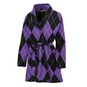 Black And Purple Argyle Pattern Print Women's Bathrobe