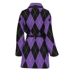 Black And Purple Argyle Pattern Print Women's Bathrobe