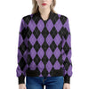 Black And Purple Argyle Pattern Print Women's Bomber Jacket