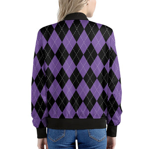 Black And Purple Argyle Pattern Print Women's Bomber Jacket