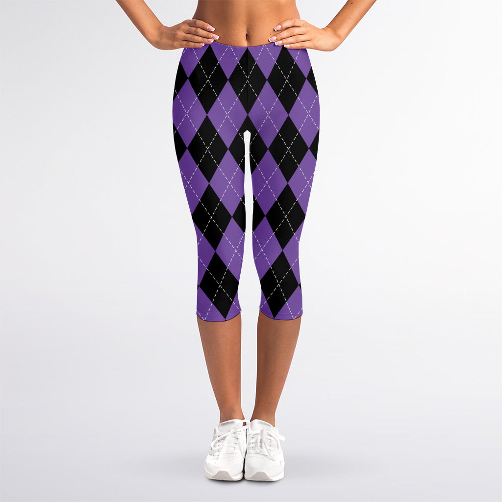 Black And Purple Argyle Pattern Print Women's Capri Leggings