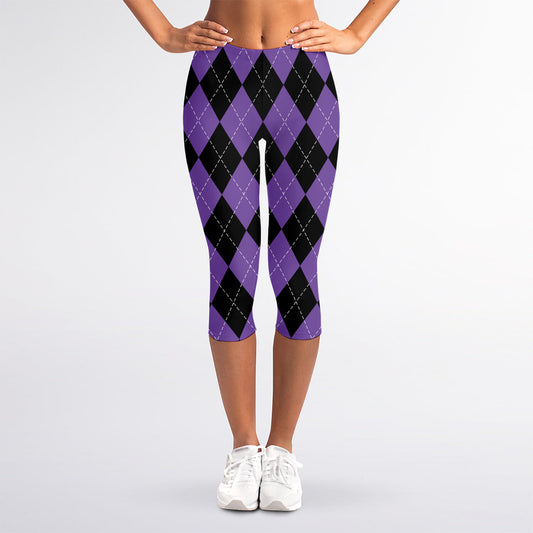 Black And Purple Argyle Pattern Print Women's Capri Leggings