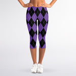 Black And Purple Argyle Pattern Print Women's Capri Leggings