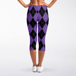 Black And Purple Argyle Pattern Print Women's Capri Leggings