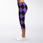 Black And Purple Argyle Pattern Print Women's Capri Leggings