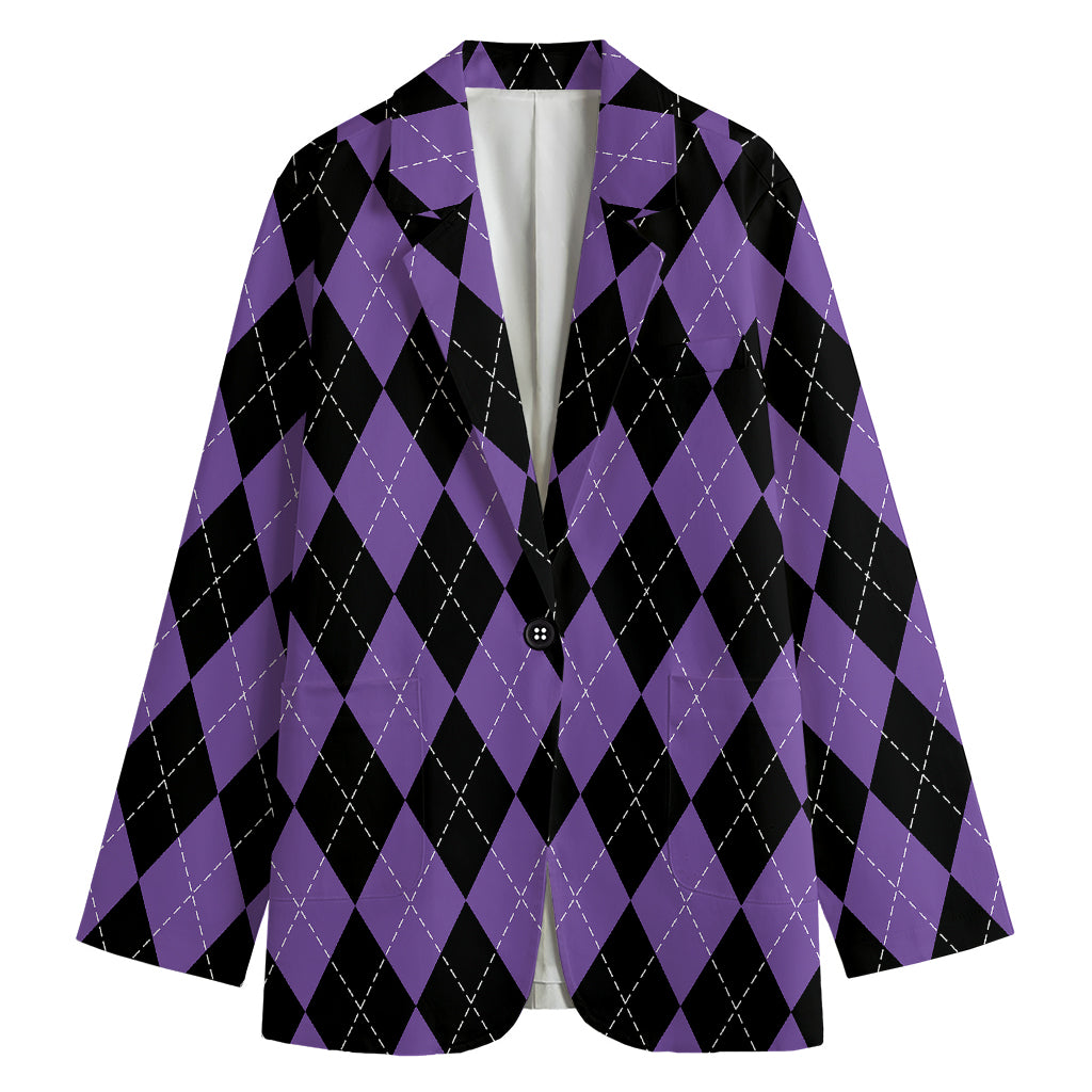 Black And Purple Argyle Pattern Print Women's Cotton Blazer