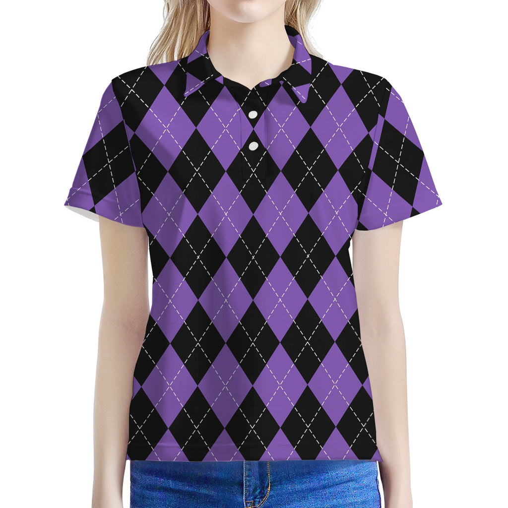 Black And Purple Argyle Pattern Print Women's Polo Shirt
