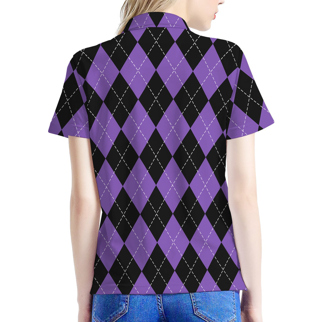 Black And Purple Argyle Pattern Print Women's Polo Shirt