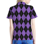 Black And Purple Argyle Pattern Print Women's Polo Shirt