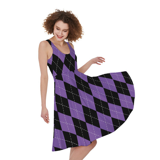 Black And Purple Argyle Pattern Print Women's Sleeveless Dress