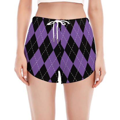 Black And Purple Argyle Pattern Print Women's Split Running Shorts