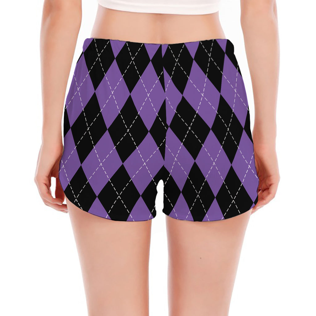 Black And Purple Argyle Pattern Print Women's Split Running Shorts