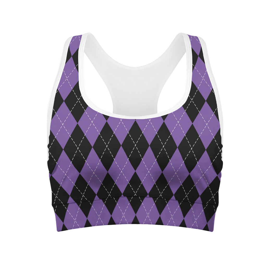Black And Purple Argyle Pattern Print Women's Sports Bra